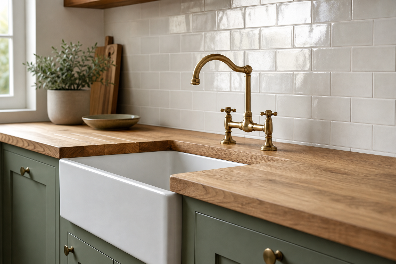 Blat z litego dębu i mosiężna bateria nad ceramicznym zlewem.